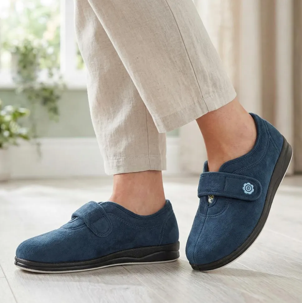 Wide Fit Cosy Adjustable Fasten Slippers - Navy