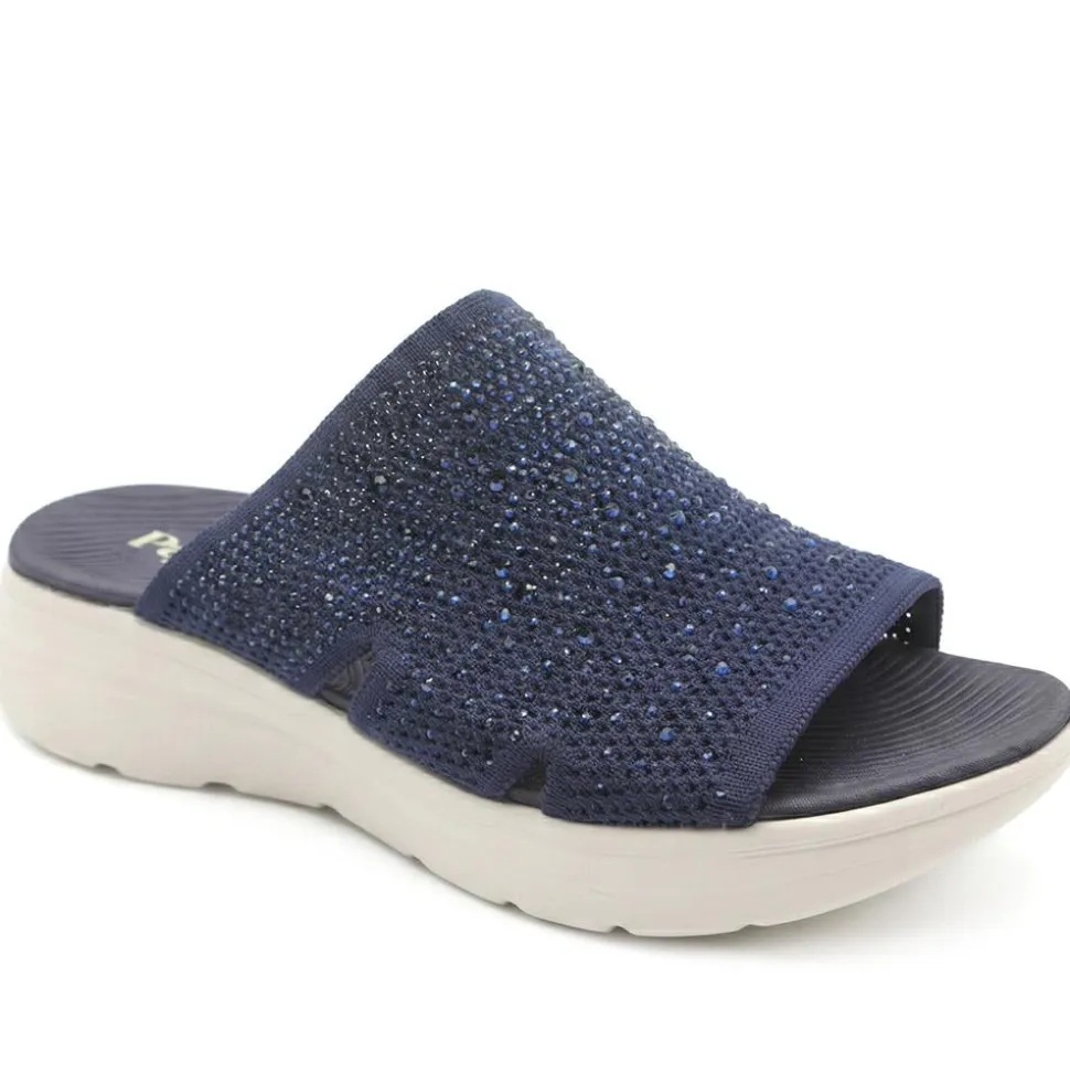 Wide Fit Diamante Cushioning Mule Sandals - Navy