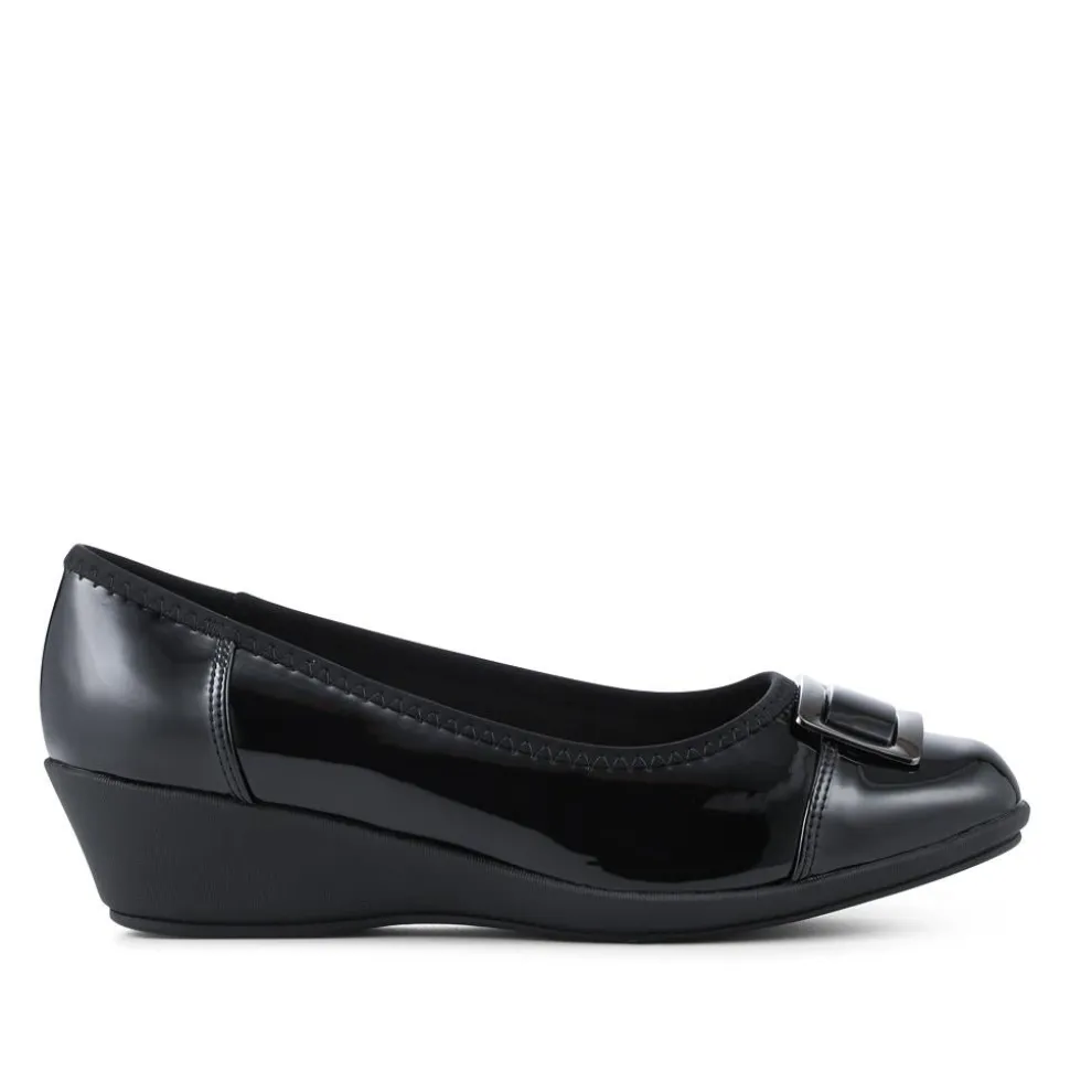 Wide Fit Flexible Wedge Heel Slip On Shoes - Black Patent