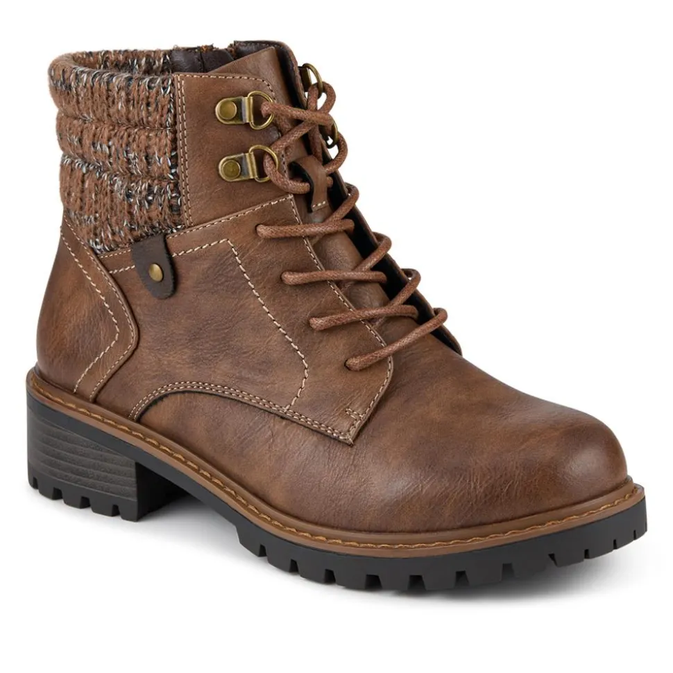 Wide Fit Knitted Cuff Ankle Boots - Brown