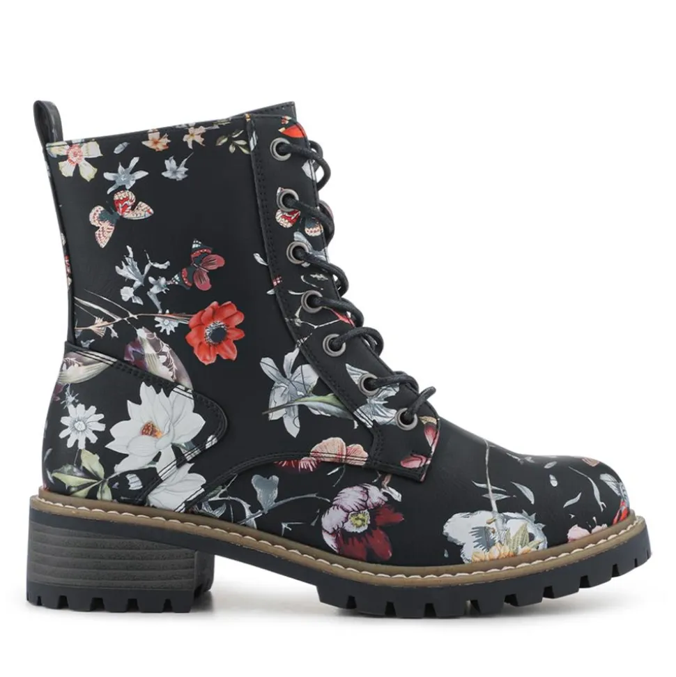 Wide Fit Lace Up Ankle Boots - Black Floral