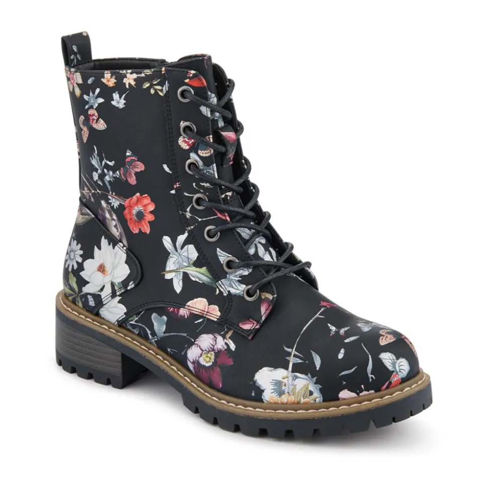 Wide Fit Lace Up Ankle Boots - Black Floral
