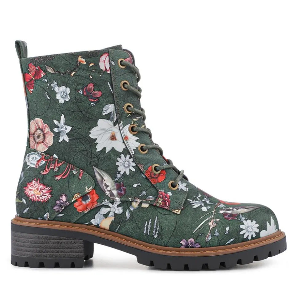 Wide Fit Lace Up Ankle Boots - Green Floral