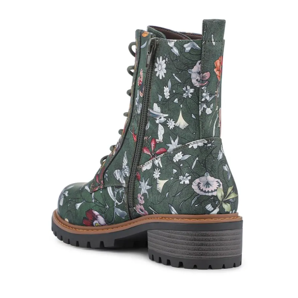 Wide Fit Lace Up Ankle Boots - Green Floral