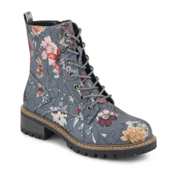 Wide Fit Lace Up Ankle Boots - Grey Floral
