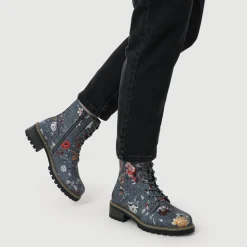 Wide Fit Lace Up Ankle Boots - Grey Floral