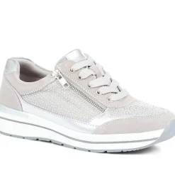 Wide Fit Lace-Up Leather Trainers - Silver