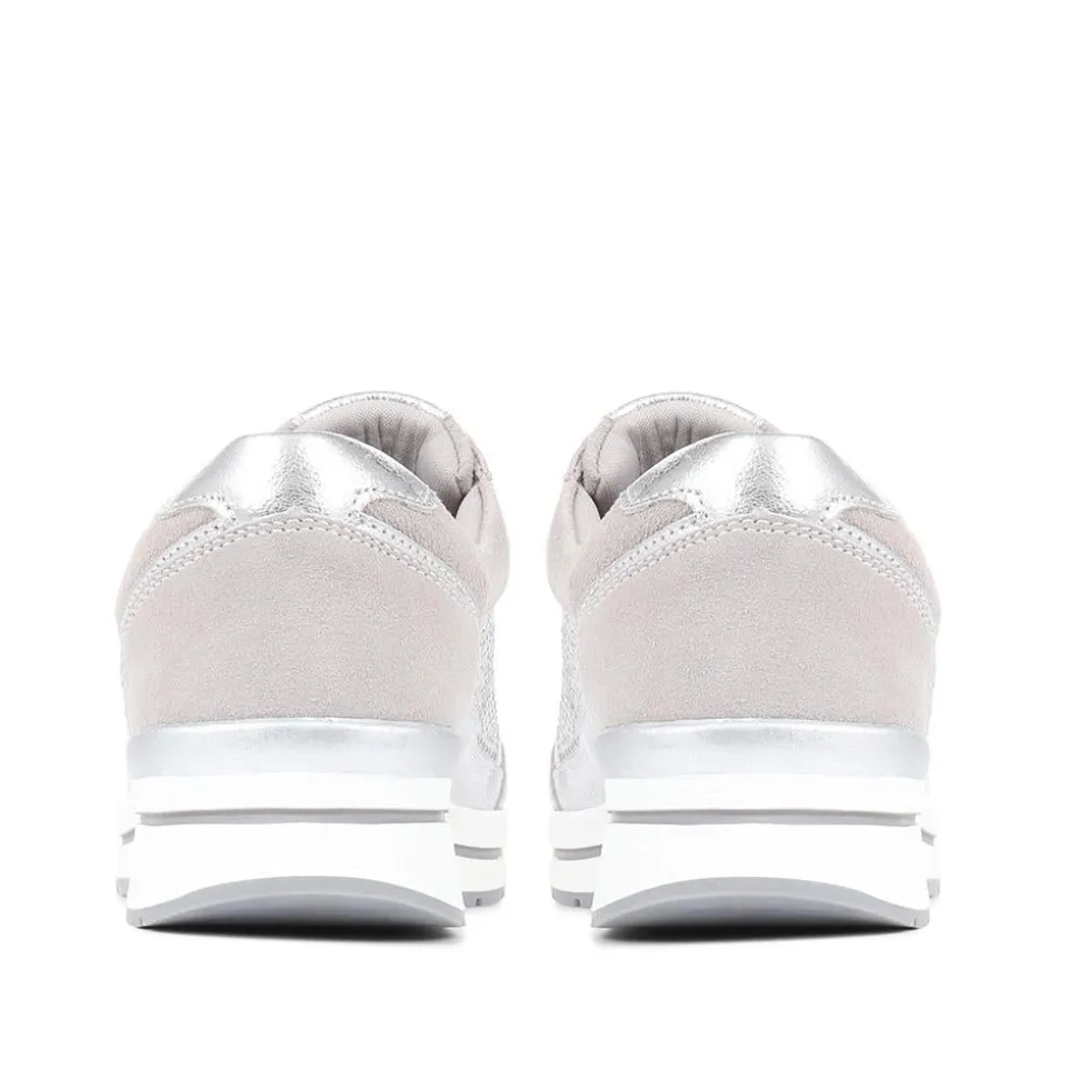 Wide Fit Lace-Up Leather Trainers - Silver