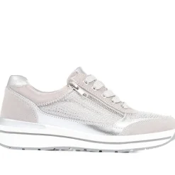 Wide Fit Lace-Up Leather Trainers - Silver