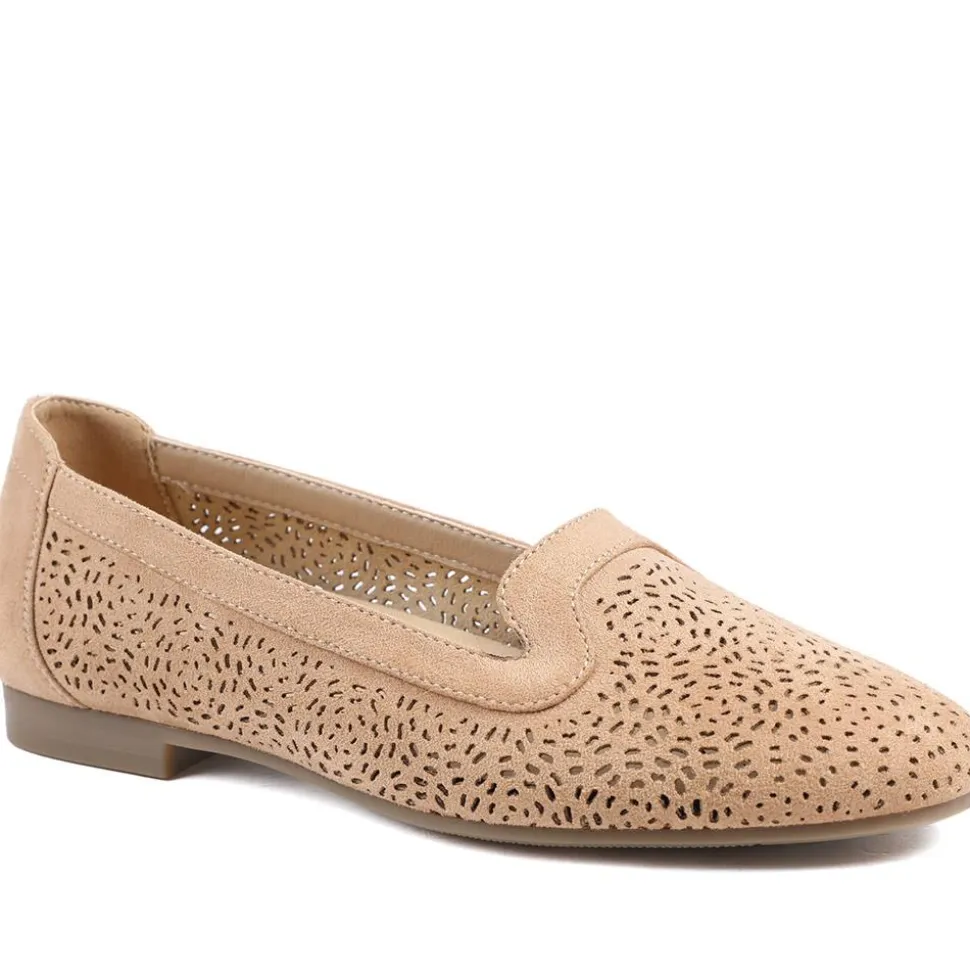 Wide Fit Laser Cut Slip On Shoes - Beige