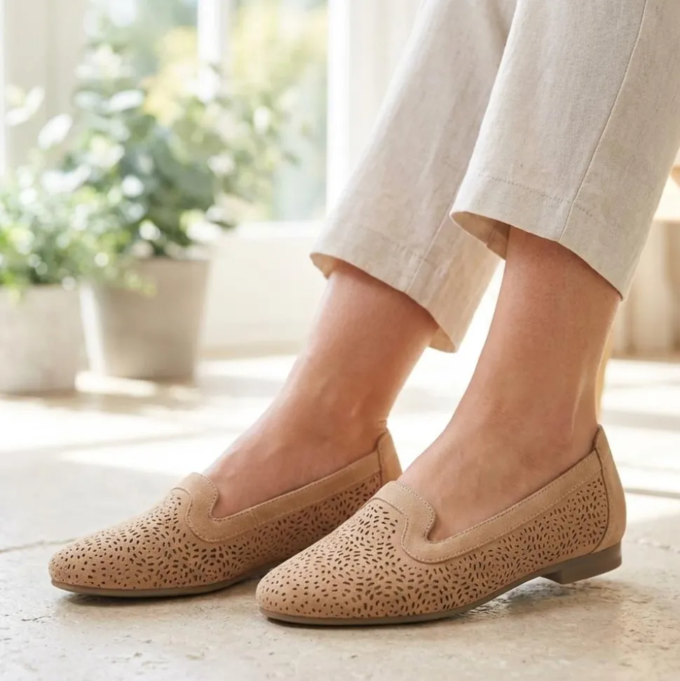 Wide Fit Laser Cut Slip On Shoes - Beige