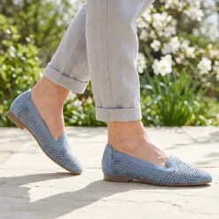 Wide Fit Laser Cut Slip On Shoes - Light Blue