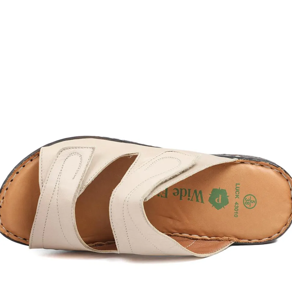 Wide Fit Leather Adjustable Fastening Sandals - Beige