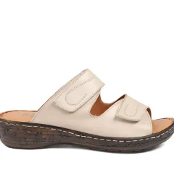 Wide Fit Leather Adjustable Fastening Sandals - Beige