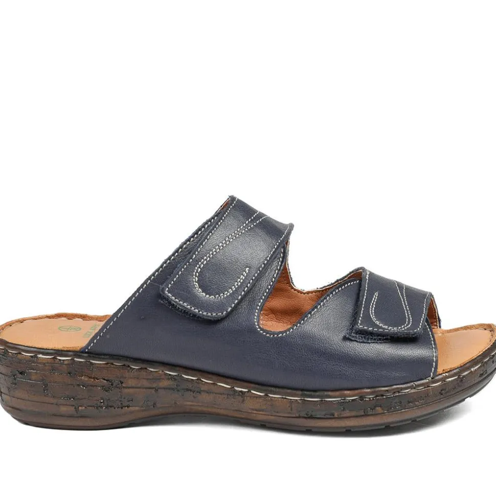 Wide Fit Leather Adjustable Fastening Sandals - Navy