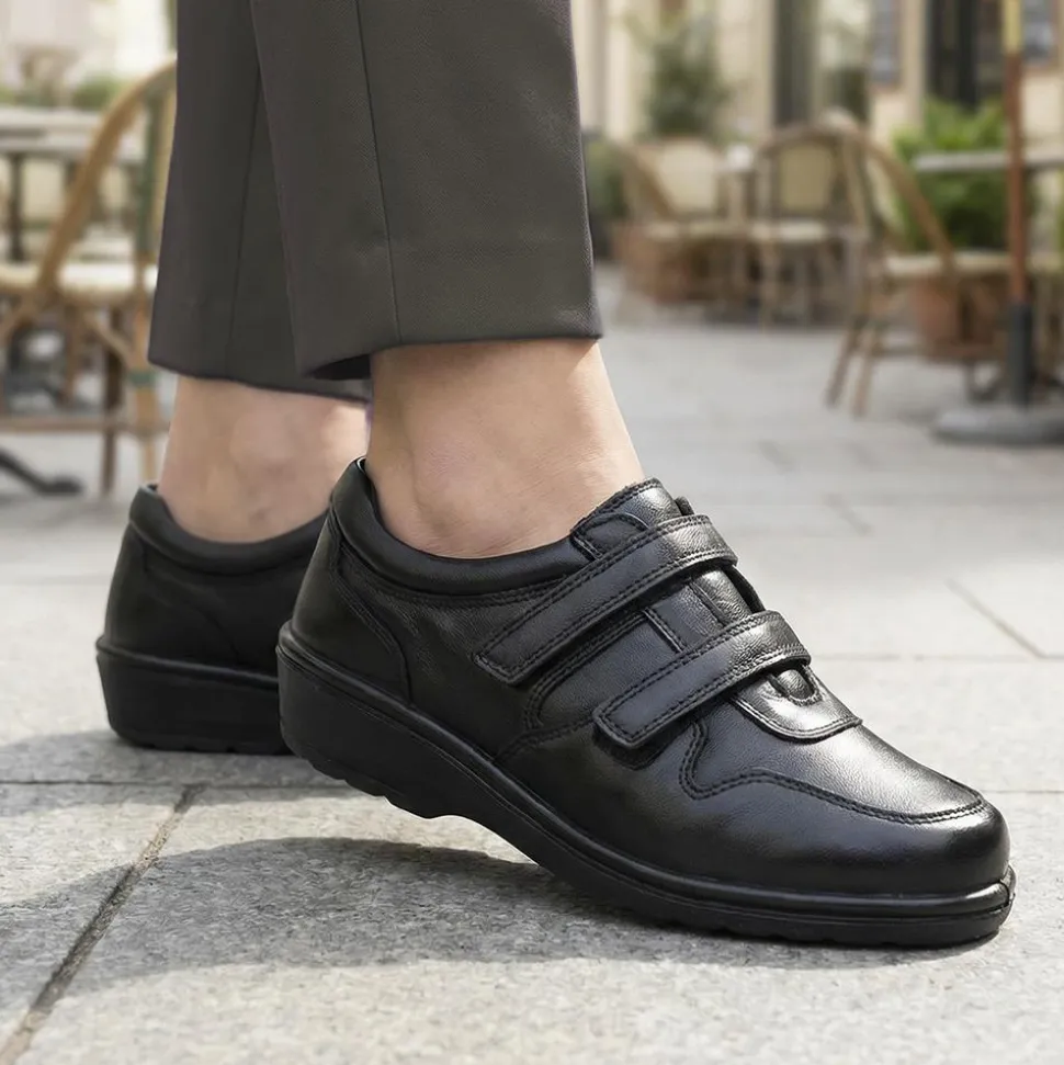 Wide Fit Leather Adjustable Fit Shoes - Black