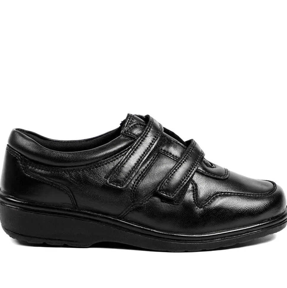Wide Fit Leather Adjustable Fit Shoes - Black