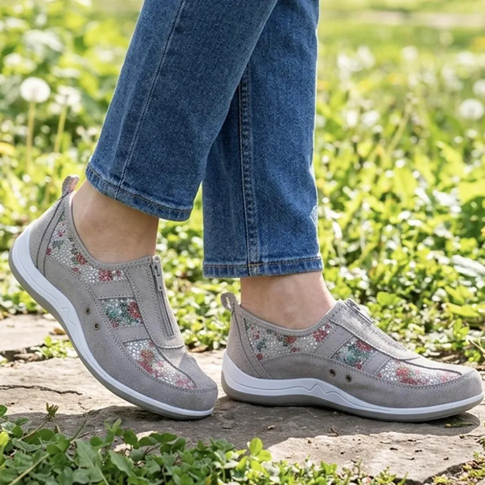 Wide Fit Leather Arch Support Trainers - Grey Floral