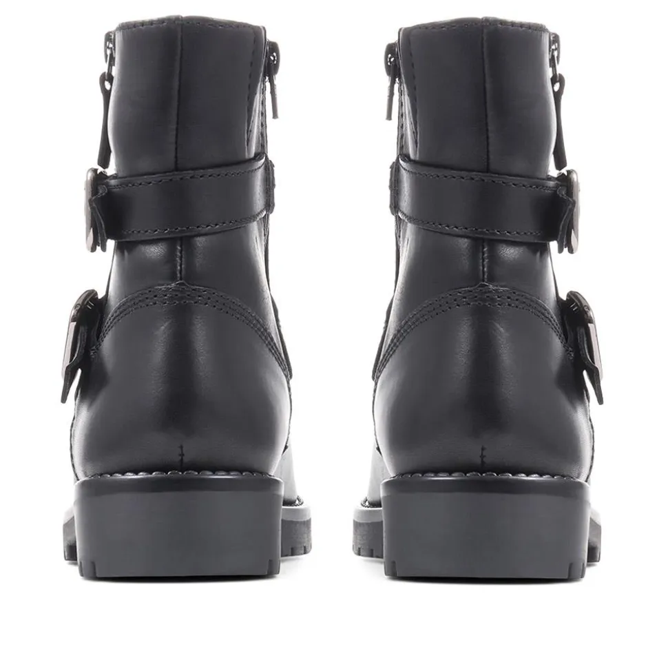 Wide Fit Leather Biker Boots - Black