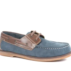 Wide Fit Leather Boat Shoes - Navy Tan