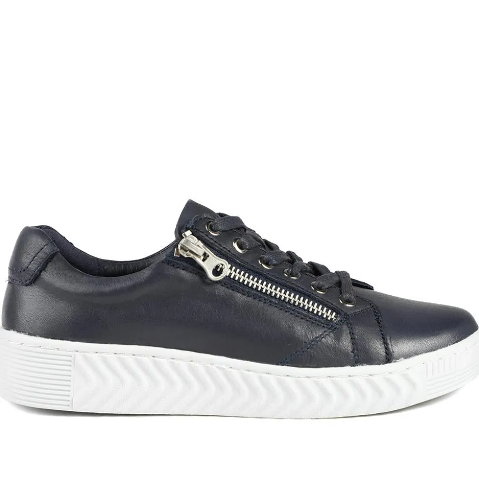 Wide Fit Leather Breathable Platform Trainers - Navy