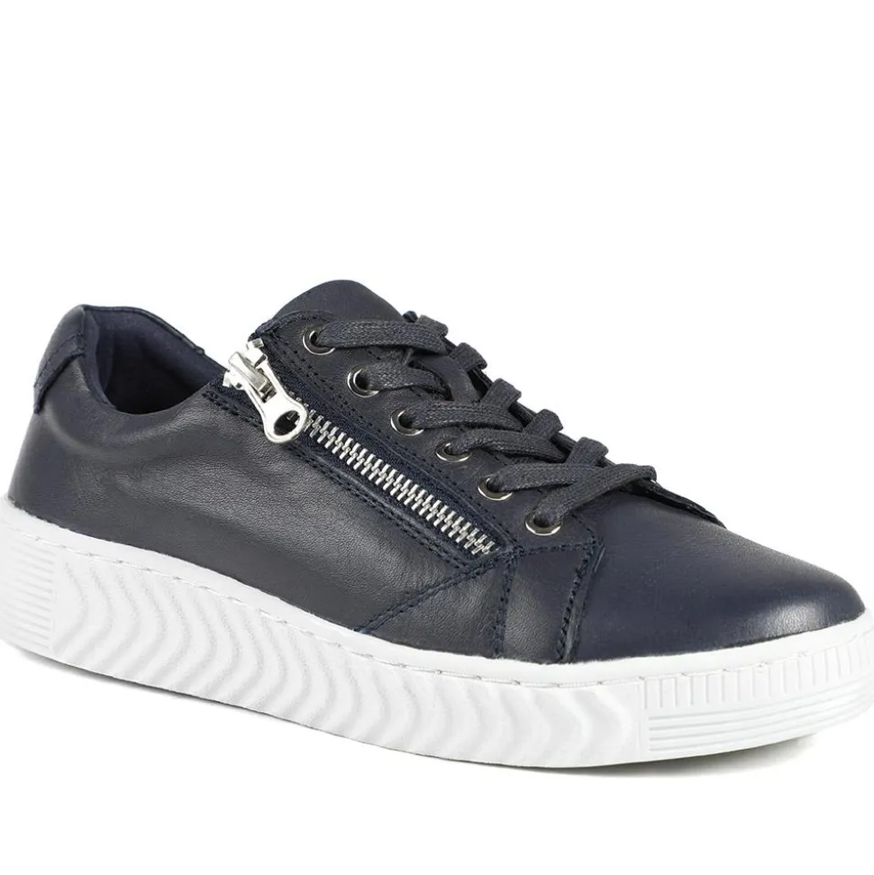 Wide Fit Leather Breathable Platform Trainers - Navy