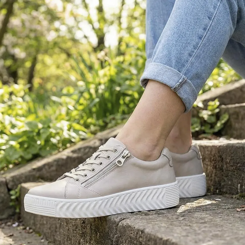 Wide Fit Leather Breathable Platform Trainers - Stone