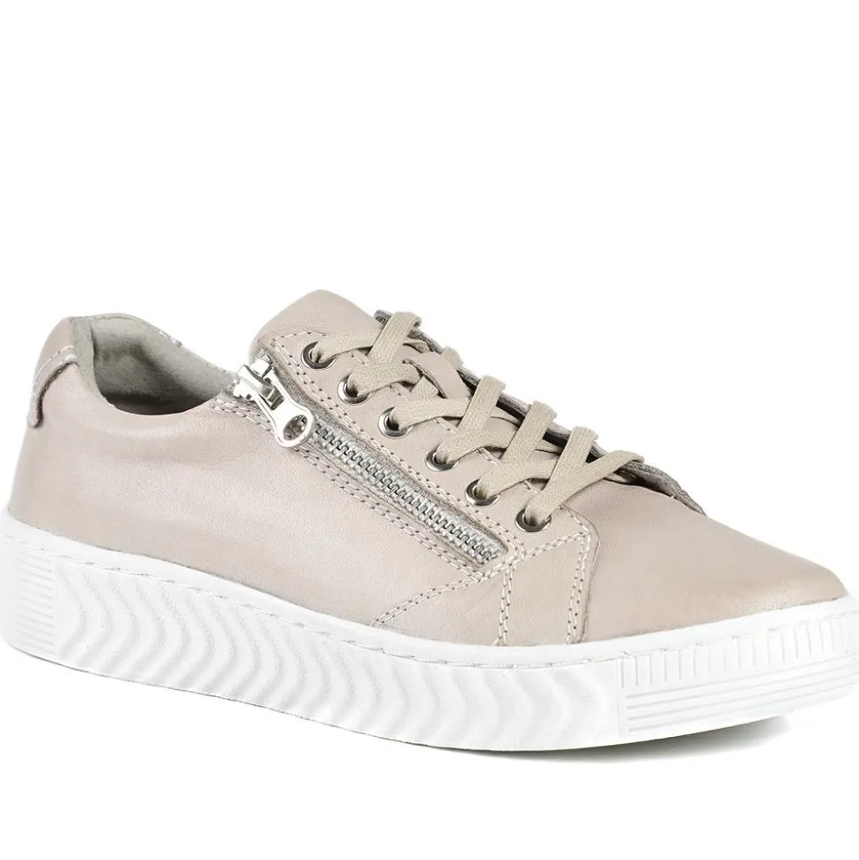 Wide Fit Leather Breathable Platform Trainers - Stone