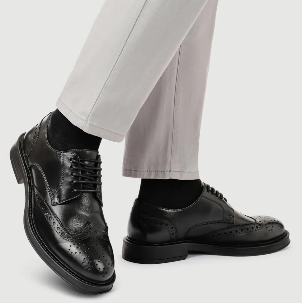Wide Fit Leather Brogue Derby Shoes - Black