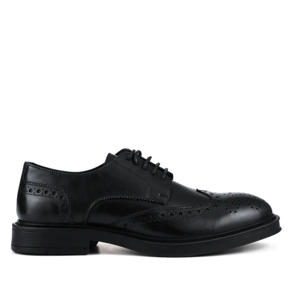 Wide Fit Leather Brogue Derby Shoes - Black