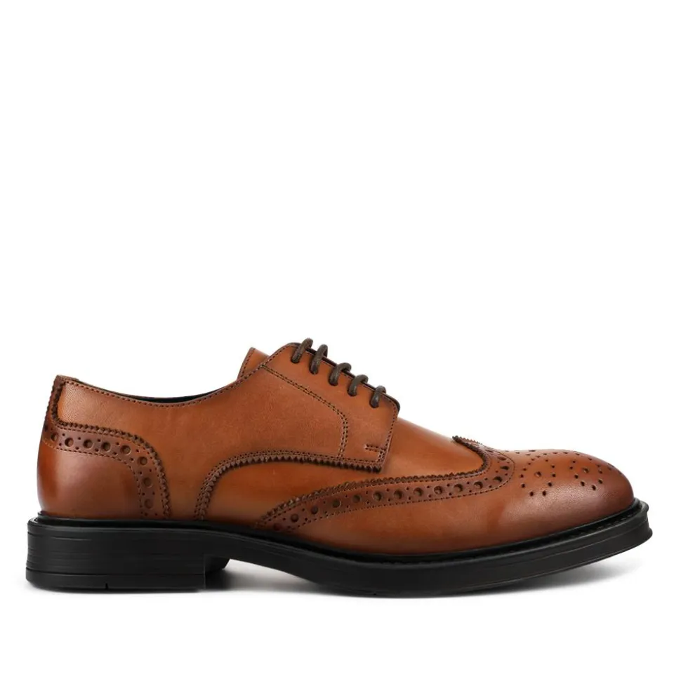 Wide Fit Leather Brogue Derby Shoes - Tan