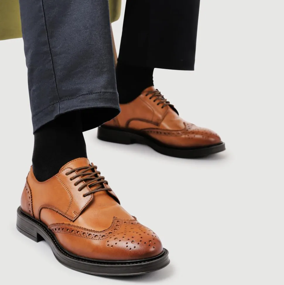 Wide Fit Leather Brogue Derby Shoes - Tan