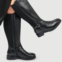 Wide Fit Leather Elasticated Long Boots - Black