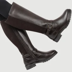 Wide Fit Leather Elasticated Long Boots - Chocolate