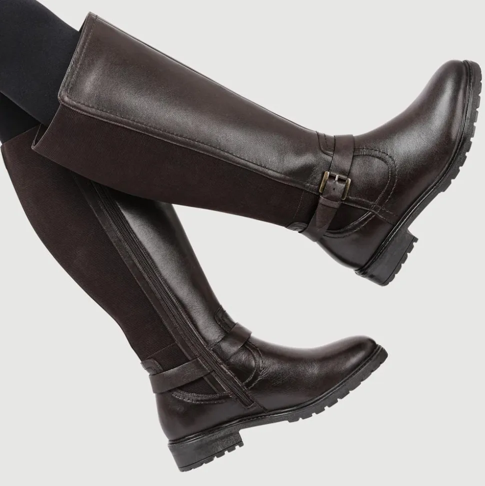 Wide Fit Leather Elasticated Long Boots - Chocolate