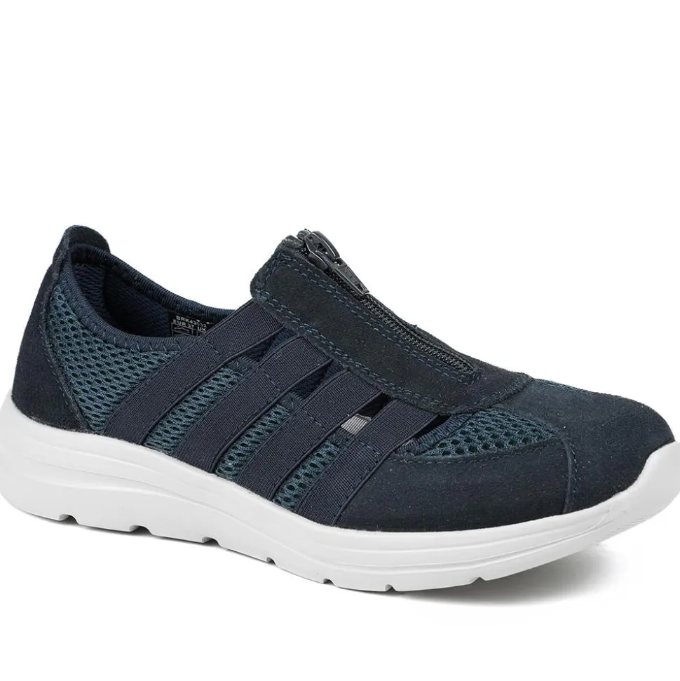 Wide Fit Leather Memory Foam Trainers - Navy
