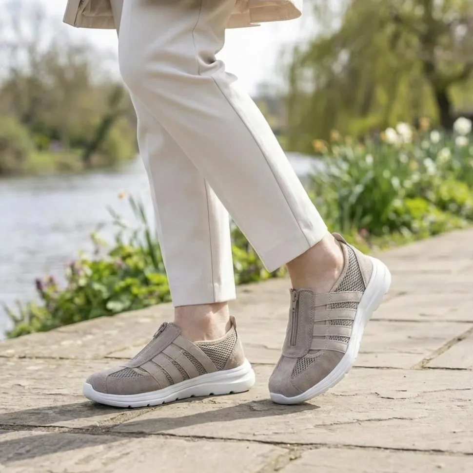 Wide Fit Leather Memory Foam Trainers - Taupe