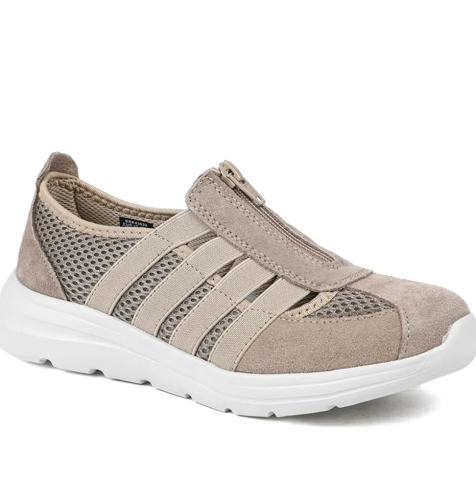 Wide Fit Leather Memory Foam Trainers - Taupe
