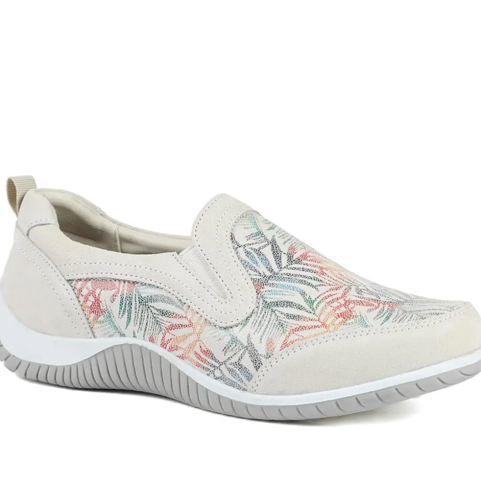 Wide Fit Leather Slip On Comfort Trainers - BEIGE FLORAL