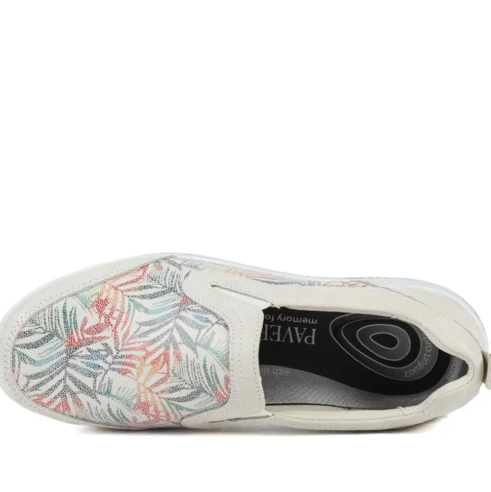 Wide Fit Leather Slip On Comfort Trainers - BEIGE FLORAL