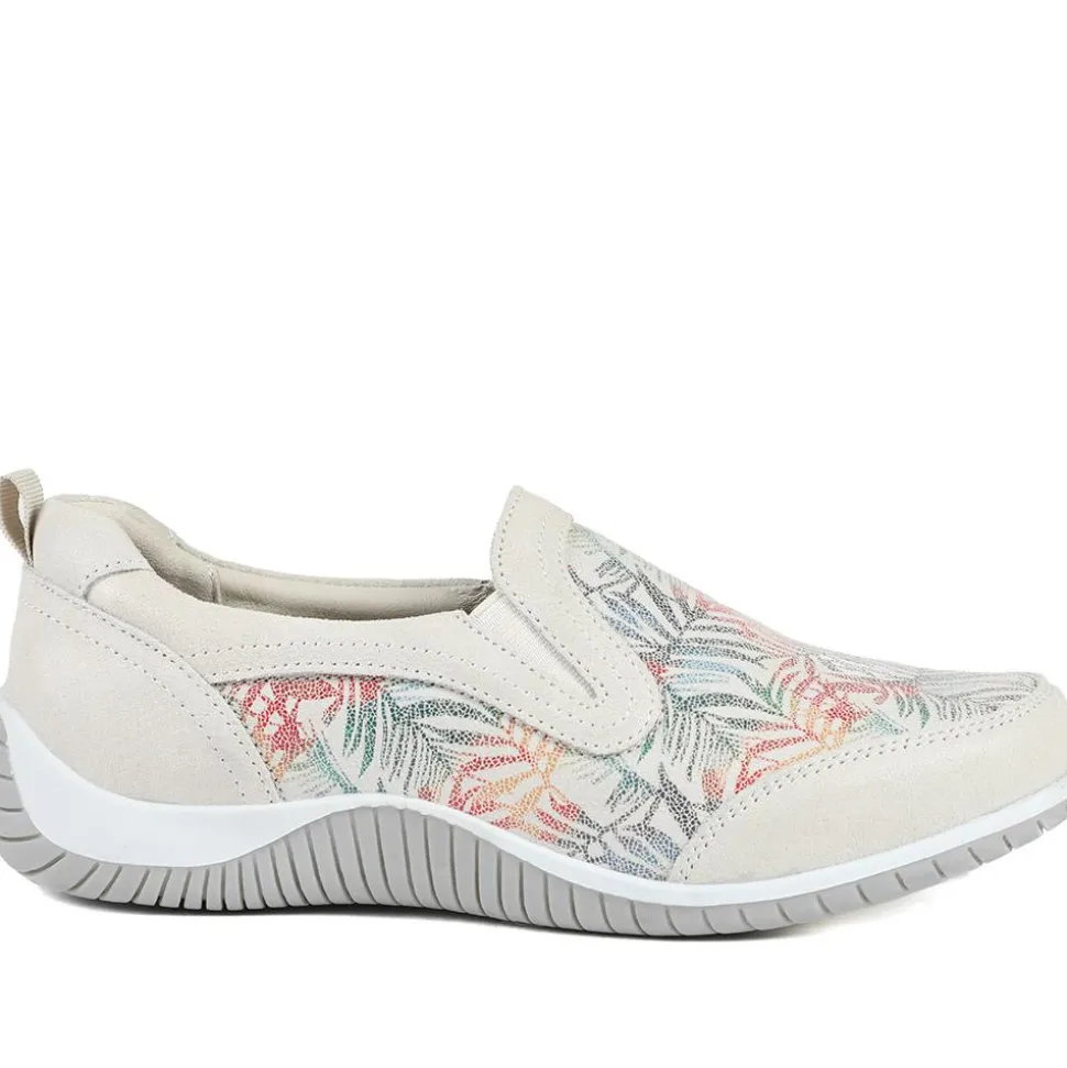 Wide Fit Leather Slip On Comfort Trainers - BEIGE FLORAL