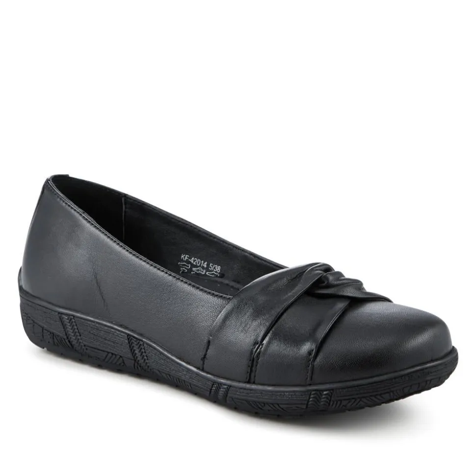 Wide Fit Leather Slip On Shoes With Ribbon Detail - Black