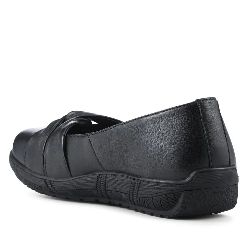 Wide Fit Leather Slip On Shoes With Ribbon Detail - Black