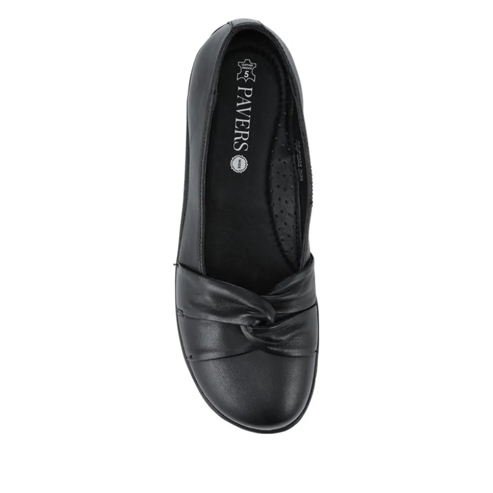 Wide Fit Leather Slip On Shoes With Ribbon Detail - Black