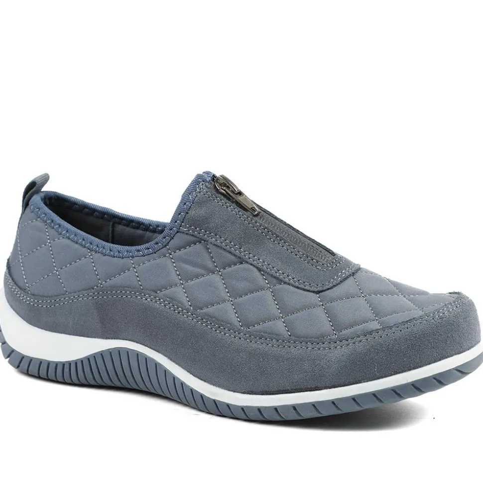 Wide Fit Leather Slip-On Shoes With Zip Fastening - Denim