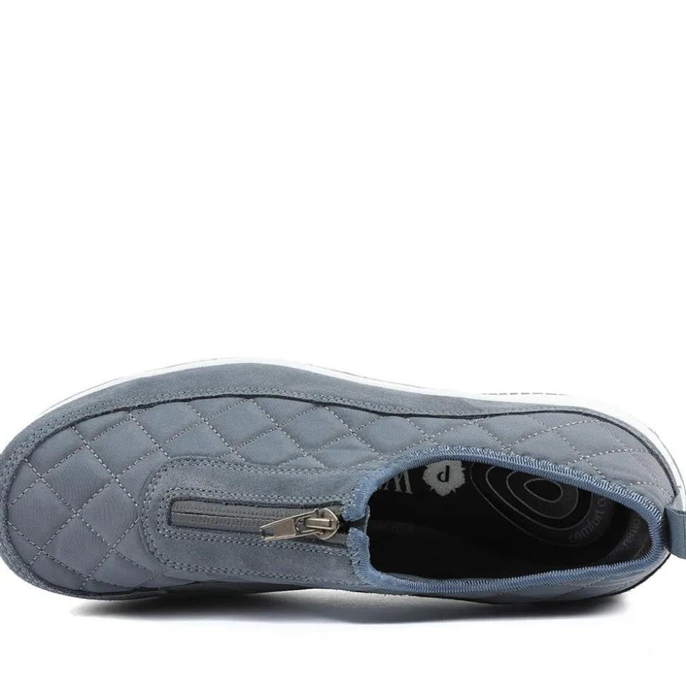 Wide Fit Leather Slip-On Shoes With Zip Fastening - Denim