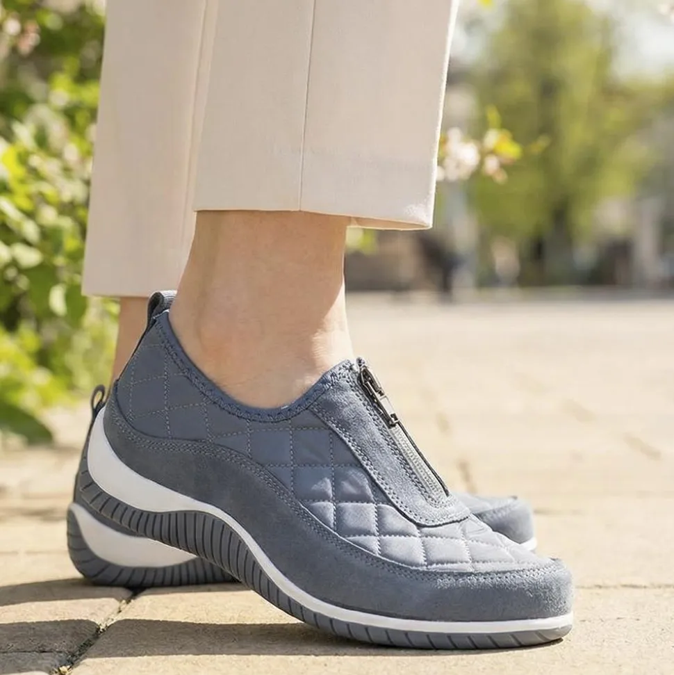 Wide Fit Leather Slip-On Shoes With Zip Fastening - Denim