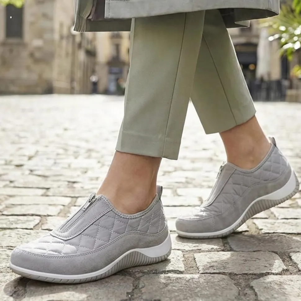 Wide Fit Leather Slip-On Shoes With Zip Fastening - Light Grey