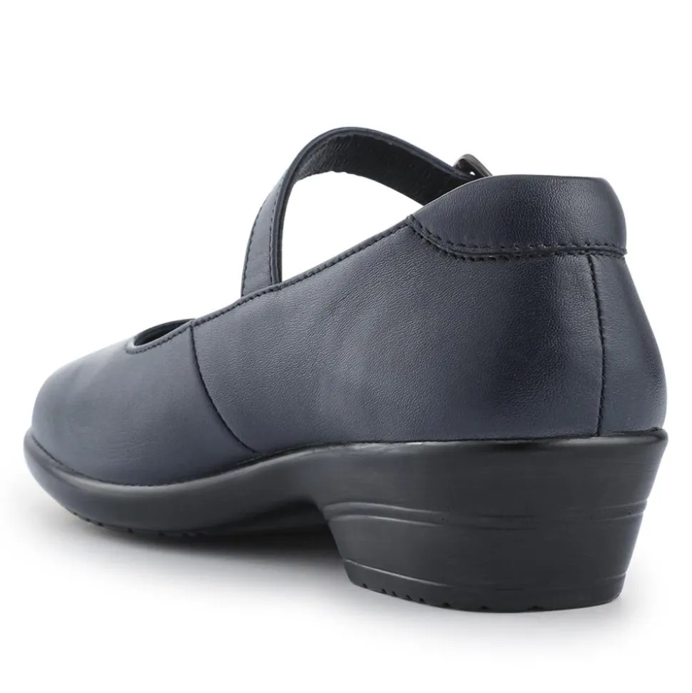 Wide Fit Leather Touch-Fasten Mary Janes - Navy