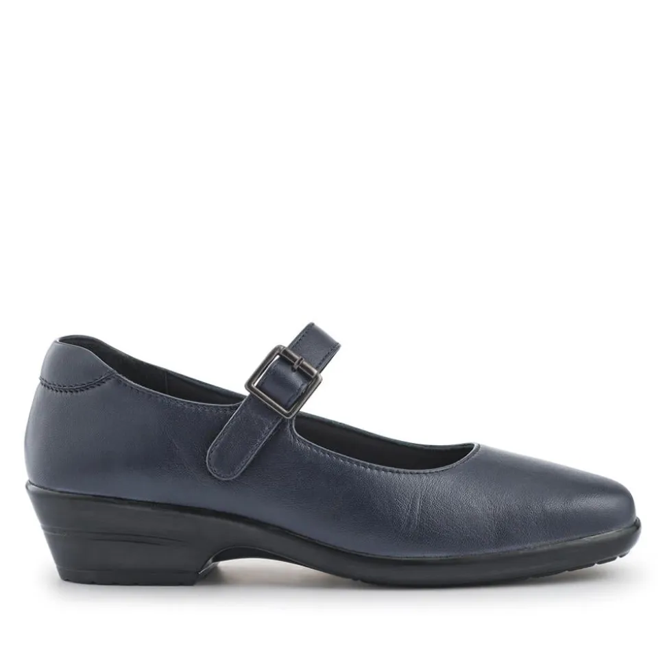 Wide Fit Leather Touch-Fasten Mary Janes - Navy